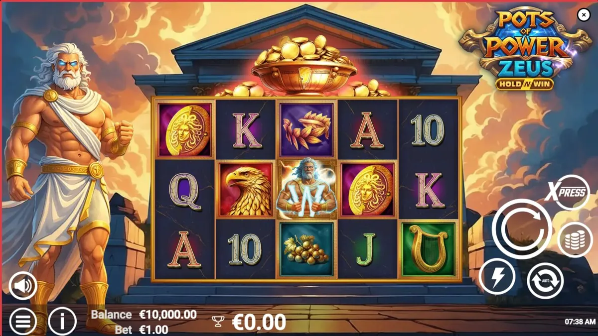 Pots of Power: Zeus slot machine interface na may temang Olympus at kidlat.