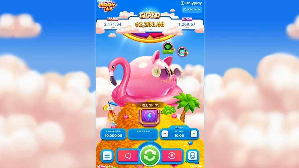 Piggy Tap slot game interface na may tropikal na tema at piggy bank